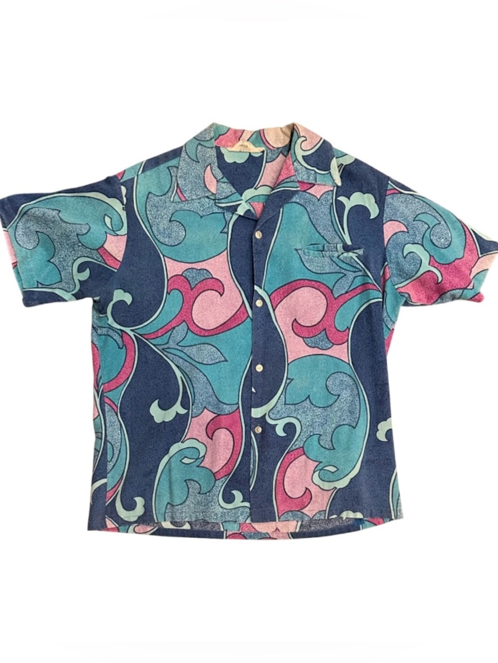 Vintage Tropicana Hawaii Psychedelic Hawaiian Shirt Blue Pink Mod Disco Men's